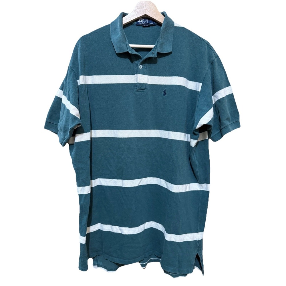 Vintage Polo Ralph Lauren Polo Shirt‎ Made in USA Green w White Stripe 90s XL